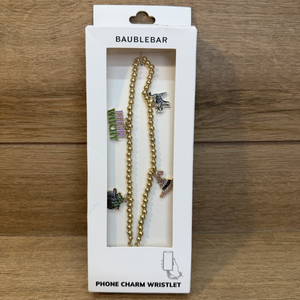 BaubleBar "Feelin' Witchy" Gold Beaded Phone Charm Wristlet Black Cat Cauldron